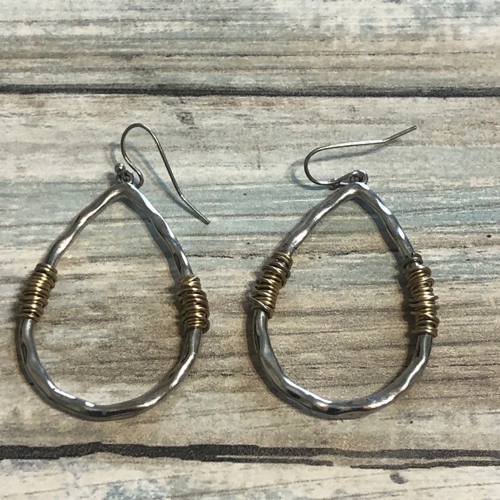 Teardrop Hammered‎ Artisan EARRINGS Silver Tone Gold Drop Dangle Hook 2